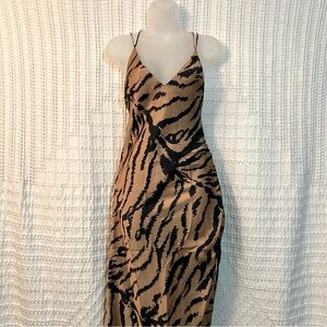 NWOT Zara Brown and Black Tiger Print Slip Dress, Size S
